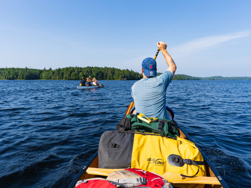 Algonquin Canoe Tripping View from the stern of canoeists paddling Burnt Island Lake in Algonquin on a sunny day.
