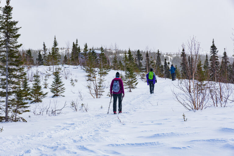 Hikers walking into the distance on snowy mountain top in Grand Jardins National Park, Quebec.